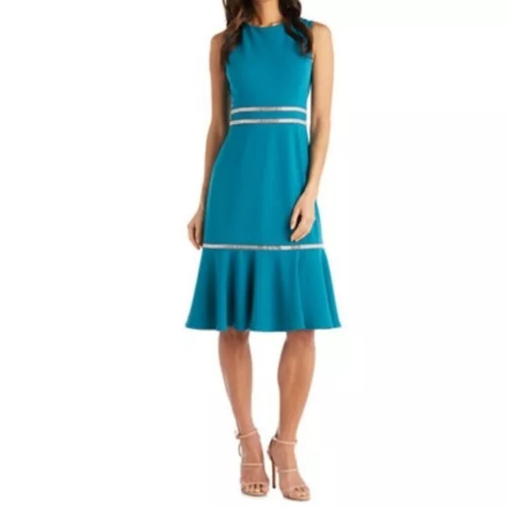 R&M RICHARDS Women Size 8 Teal Blue Green Knee Length Scoop Neck Sheath MOTB NEW